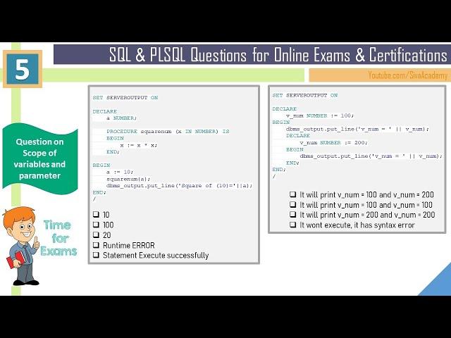 Oracle online certification exam questions and answers | Question 5 | oracle Scope of variable