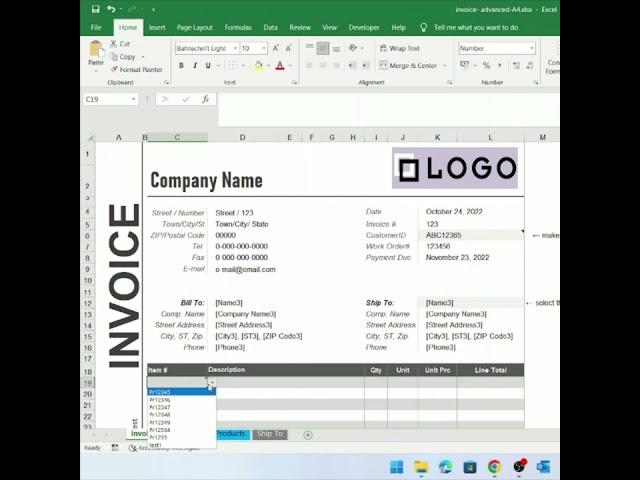 Advanced invoice template. Designed for microsoft excel and google sheets.