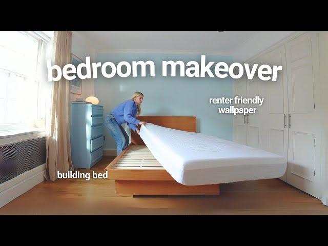 Renter friendly bedroom makeover | DIY furniture, decorating, peel & stick wallpaper