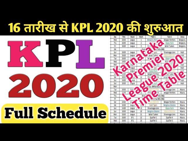 KPL 2020 Schedule : Karnataka premier league time table and team 2020 | BG, BT, BP, BB, HT, MW, SL