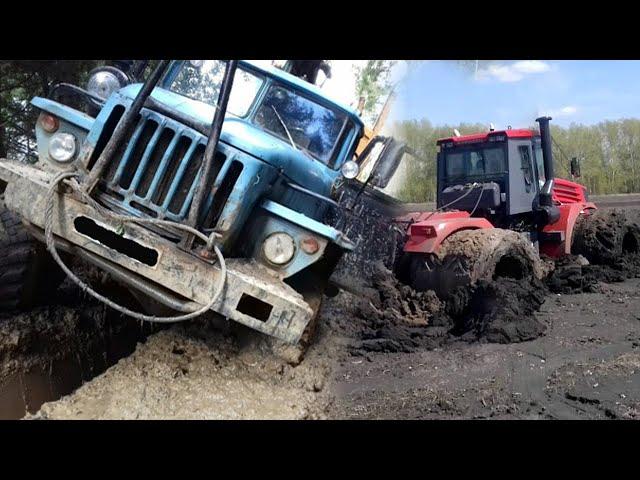 Застрявшие грузовики и трактора в грязи.