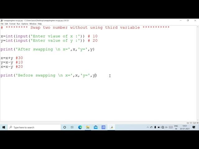 Swap two numbers without using third variable - Python Programs