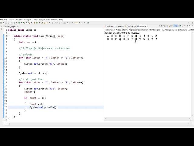 Java 28 : Using printf with [flags] and [width] specifiers to display the alphabet(A-Z)  neatly
