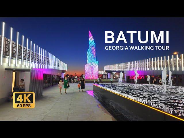 Shartava Avenue evening walking tour in Batumi, Georgia. Summer 2024 4K 60 FPS