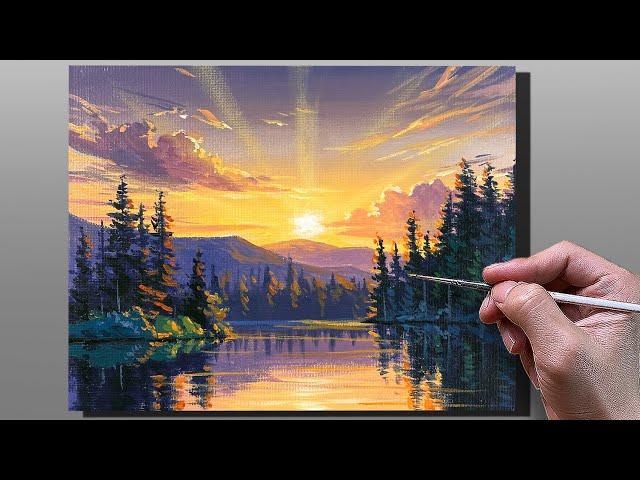 Acrylic Painting Sunset Lake Reflection / Correa Art