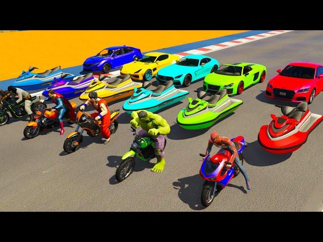 GTAV NEW Crazy Double Mega Ramps By Sport Cars, Motorcycle & Jet ski with Spiderman & Superheros mod