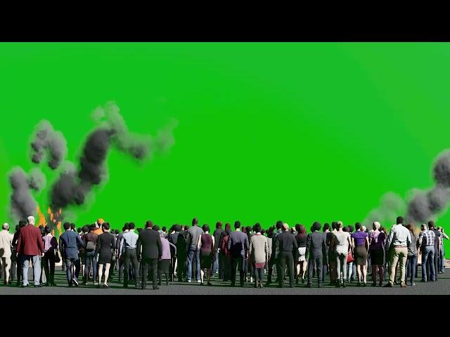 CROWD PROTEST ON THE STREET WITH BURNING FIRE AND SMOKE GREEN SCREEN CHROMA KEY HD 4K