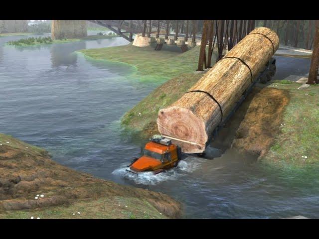 Thrilling Adventure: Giant Lumber Truck Tackles Dangerous River and Bridge! | Spintires Mudrunner