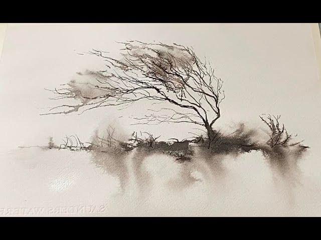 Really Easy Beginner's 5 MINUTE Winter Trees Experiment! Watercolor ink landscape panting Tutorial