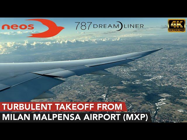 [4K] Neos | Boeing 787-9 | Full TURBULENT TAKEOFF from Milan Malpensa Airport *Wing View*