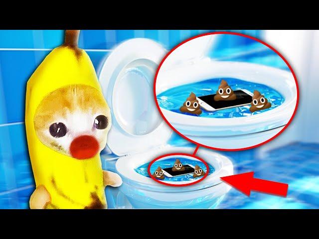 Banana Cat's Toilet Trouble: Phone Rescue Adventure with Apple Cat!  Baby Banana Cat Compilation 