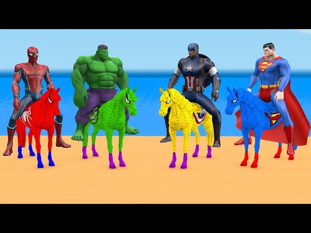 Red HORSE SPIDERMAN Crossing On RAINBOW FOUNTAIN Bridge With Horse Superheroes Rescue Animals Game