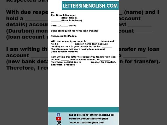 Request Letter for Home Loan Transfer to Other Bank - Letter to Bank Requesting Home Loan Transfer