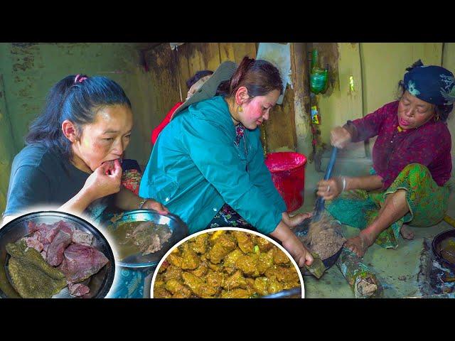 रांगाको मासु सँग ढिडो  Buff Gravy with Nepali Traditional food (DHIDO) Flour Rice in Village Kitchen