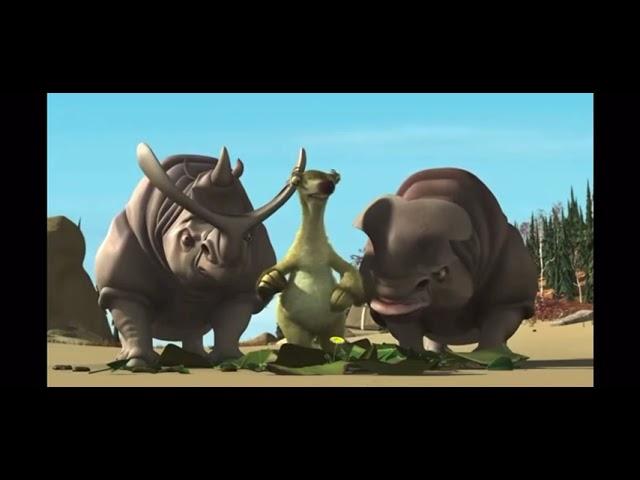 Ice Age 2002 Sid  Meets Carl & Frank The 2 Rhinos   & Eating  Pinecones