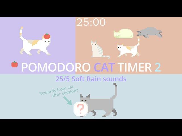 Pomodoro Cat Timer 25/5 - Let's get your homework / work done in 1 hour ⌛ ( Soft rain sound )