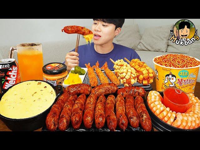 ASMR MUKBANG | Fire Noodles, Hot dog, Shrimp Cocktails, sausage recipe ! eating