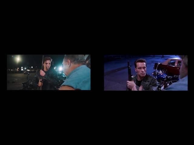 Schwarzenegger and Son Side by Side Comparison recreation scene from Terminator 2