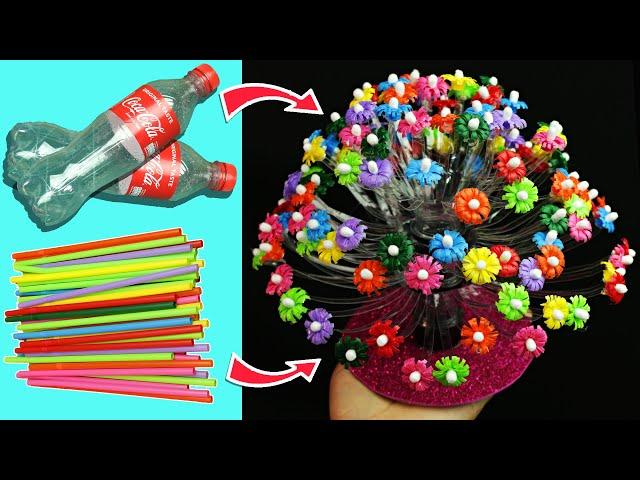 DIY recycle plastic bottles flower vase easy - straw flower vase crafts