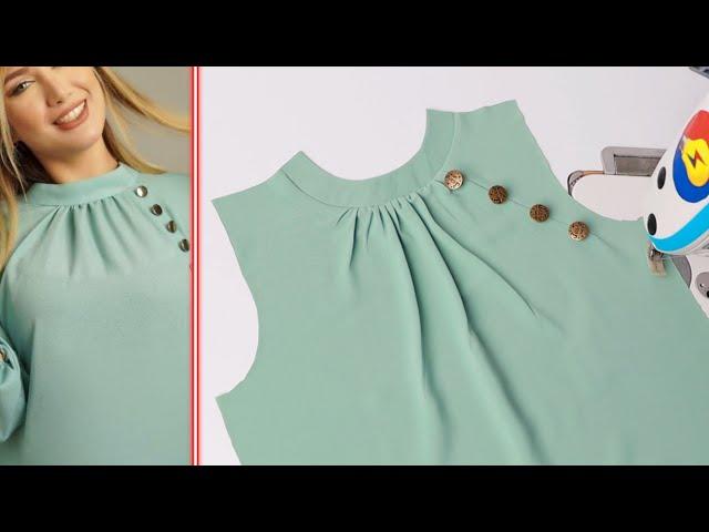 Easy styles to woman collar design with frill and button for blouse cutting and stitching, Sew tips