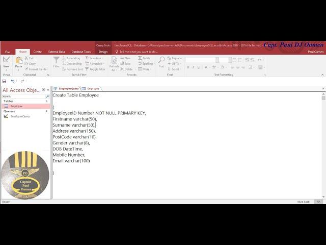 How to Create an Employee Table in MS Access using SQL