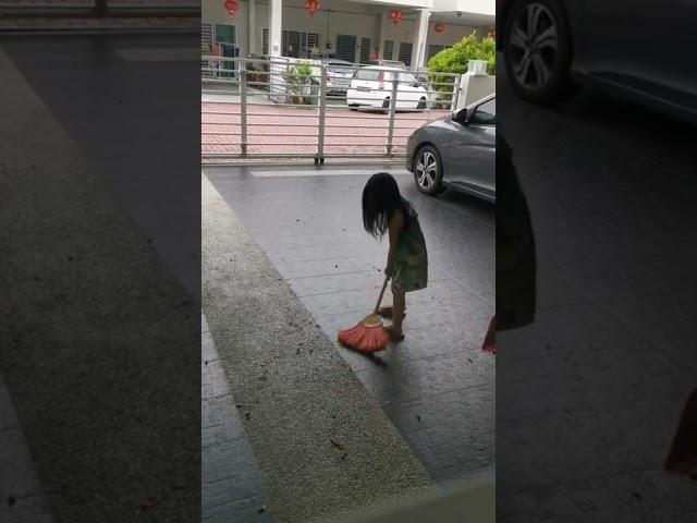 Kids [Alysa's] is helping to sweep the floor.. Kids good practice...