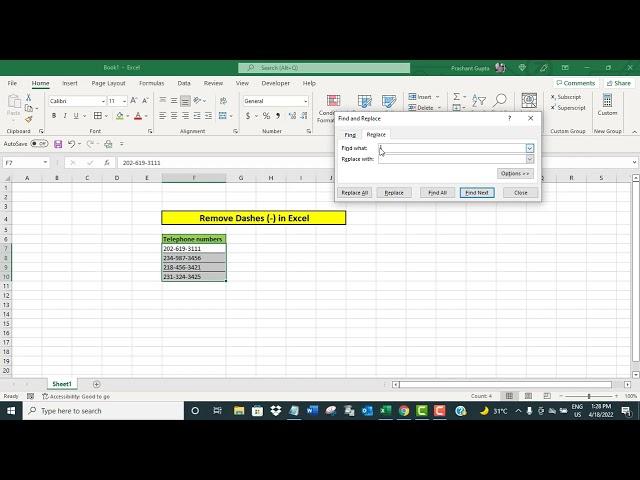 Remove Dashes (-) in Excel