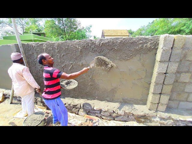 Plastering Techniques|Hollow Blocks Compound Wall Inside Plastering|With Sand and Cement mixing