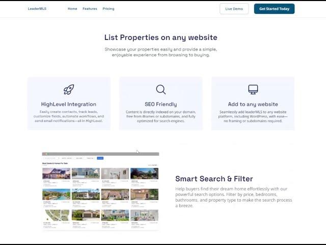 LeaderMLS load real estate properties into HighLevel, GHL,  ClickFunnels, or WIX websites.