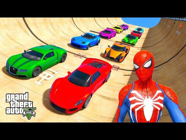 GTA V Superheroes Crazy Race Challenge with Super Cars | GTA 5 Spiderman Car Stunt Race