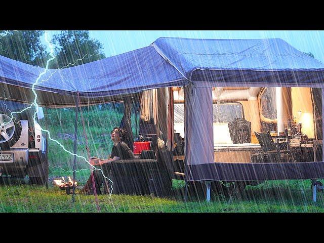 $9,999 Inflatable Tent Trailer Camping in the Rain  Awesome Air Conditioner and All-In-One Kitchen