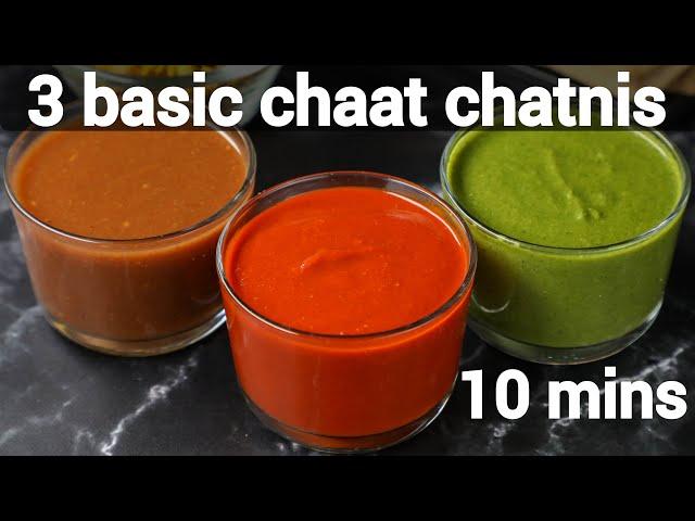 basic & essential 3 chaat chutney recipes - red chutney, green chutney & dates imli chutney