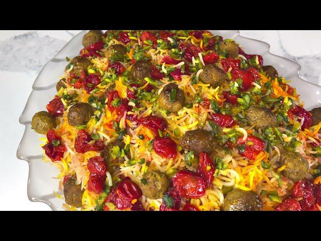 Persian Sour Cherry Rice With Meatballs Recipe (albaloo polo/آلبالو پلو) | Flavorsome Kitchen