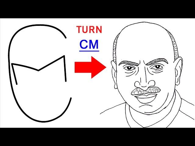 Turn letters CM into Karmaveerar Kamarajar drawing outline easy step by step