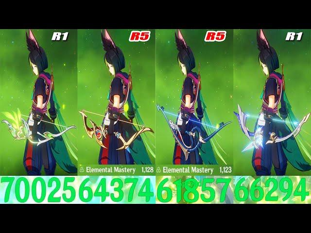 Tighnari F2P Bow Ibis Piercer R5 vs Stringless R5 vs Amos R1 vs Hunter's Path R1 DMG Comparison