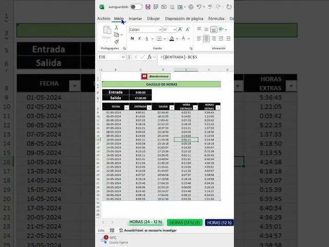 Calculo de horas en Excel.