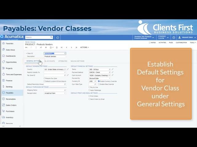 Acumatica Cloud ERP Tip 85: Payables Vendor Classes