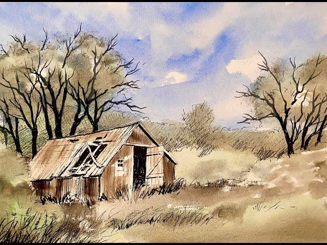 Painting an Easy OLD BARN Watercolour Landscape painting, ink & washwatercolor tutorial, demo