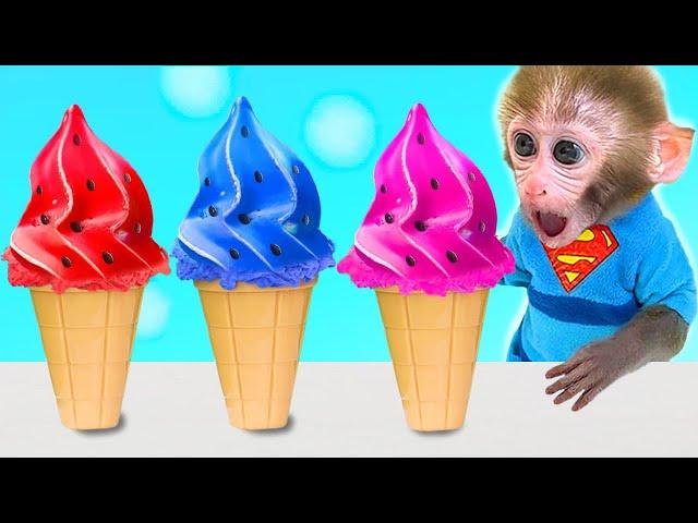 Monkey Baby Bon Bon oes to the toilet and eat rainbow ice cream with duckling