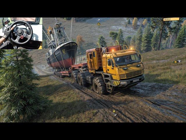 Azov 4220 Antartic - Towing a Boat on a Muddy Road | SnowRunner | Logitech G29 Gameplay | #595