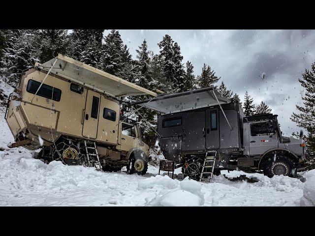 AN AVALANCHE FALLED ON THE ROAD WE CREW WITH 2 UNIMOG CARAVANS