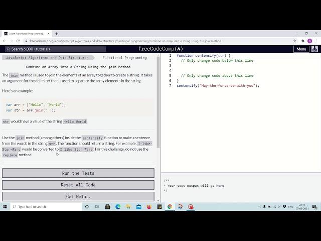 Tutorial 20 - Combine an array into string using join method - freecodecamp