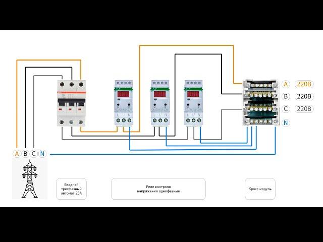 Подключение реле контроля напряжения в трехфазной сети
