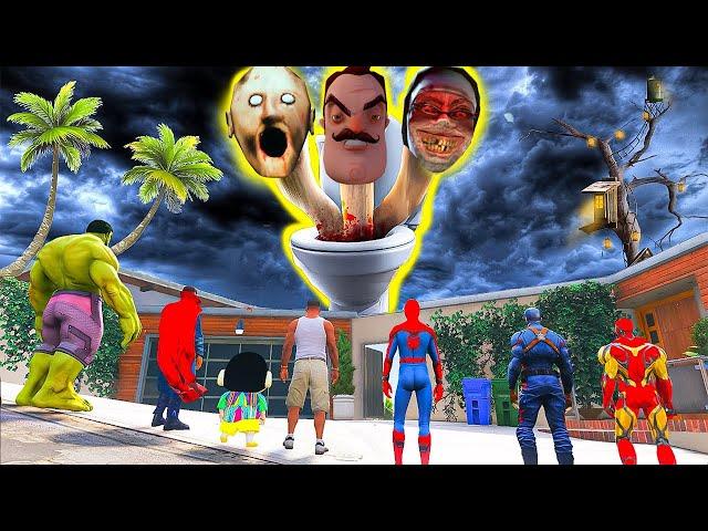 Franklin and Avengers Fight with Granny & Evil Nun and Hello Neighbor Toilet Monster To Save GTA 5