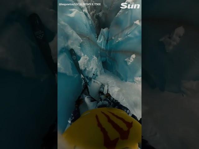 Terrifying moment skier falls into massive crevasse caught on helmet cam