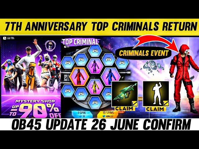 7TH Anniversary Top Criminals return | Today Mystery Shop | Free Fire 7Th Anniversary OB45 UPDATE