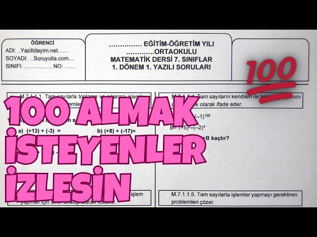 7.Sınıf Matematik 1.Dönem 1.Yazılı