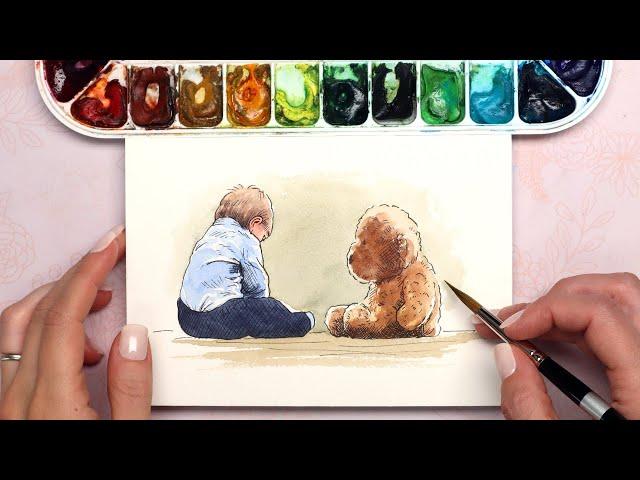 EASY Line & Wash Step by Step Tutorial for Beginners | A Boy and his Bear