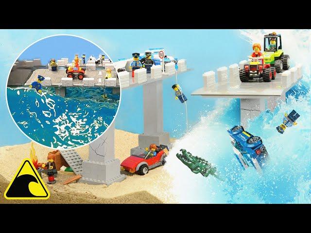 Tsunami Dam Breach Double Lego Bridge Experiment - LEGO Police Bust - Wave Machine Destruction