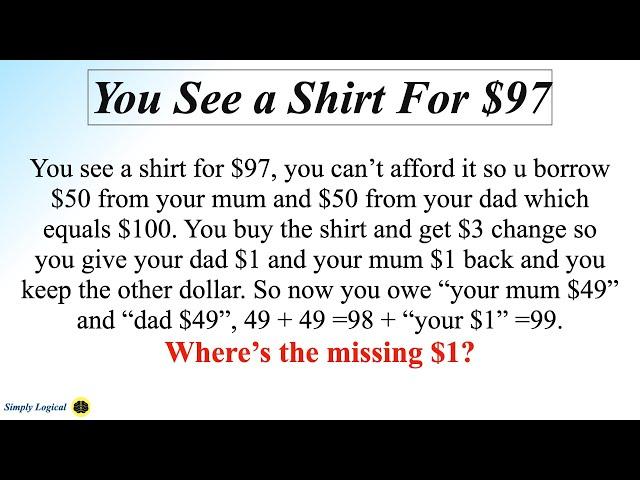 Missing Dollar Riddle || You see a shirt for $97 Riddle Solution Explained